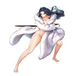 1girls alternate_costume bad_censor black_hair blade blue_eyes brunette covering covering_breasts covering_crotch female full_body fur_coat fur_trim innie_belly_button invincible_dragon_(exclusive_fur_coat)_(last_origin) invincible_dragon_(last_origin) kakiman katana last_origin light-skinned_female light_skin long_hair naked_coat official_alternate_costume official_art solo weapon