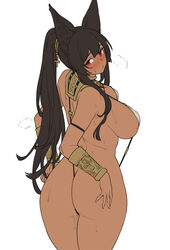 animal_ears ankh anubis_(houtengeki) armband ass back bangs black_hair blush bracer breasts breath cowboy_shot dark-skinned_female dark_skin egyptian egyptian_clothes embarrassed female from_behind full-face_blush hairband heavy_breathing highres houtengeki jackal_ears jewelry large_breasts long_hair looking_at_viewer looking_back open_mouth original parted_lips ponytail raised_eyebrows red_eyes sideboob simple_background sling_bikini solo standing strap_gap sweat swimsuit usekh_collar white_swimsuit wide_hips