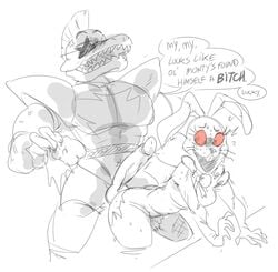 1boy animatronic big_penis breasts bunny_ears bunny_girl bunnysuit costume drawn female female/male five_nights_at_freddy's five_nights_at_freddy's:_security_breach human imminent_sex male mhdrawin montgomery_gator_(fnaf) nervous robot scared sex straight vanny_(fnaf)