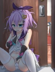 2girls absurdres ayanami_(azur_lane) azur_lane bangs bent_over blue_eyes blush bridal_gauntlets clothed_masturbation clothing crown door eyebrows_visible_through_hair hair_between_eyes hair_ornament hair_ribbon highres indoors javelin_(azur_lane) masturbation masturbation_through_clothing mini_crown multiple_girls navel neckerchief open_mouth panties pink_neckwear ponytail pulled_by_self purple_hair purple_ribbon purple_sailor_collar retrofit_(azur_lane) ribbon sailor_collar sex sex_from_behind sitting skirt skirt_pull sleeveless spread_legs stockings thighhighs tomyoo underwear voyeurism white_legwear white_panties white_skirt x_hair_ornament