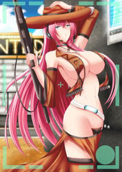 big_breasts blue_eyes covered_nipples cowgirl cowgirl_(western) cowgirl_outfit fuyuki_jun gun huge_breasts megurine_luka partially_nude pink_hair underboob vocaloid