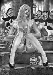 1girls 2019 alice_(disney) alice_in_wonderland alice_in_wonderland_(1951_film) alice_liddell black_and_white cheshire_cat_(disney) clothing disney female high_heels monochrome panties rafa_schneider stockings