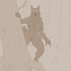 1:1 anthro big_breasts breasts canid canine canis female forest genitals hi_res mammal nipples pubes pussy solo tree upai were werecanid werecanine werewolf