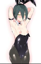 1boy arms_behind_back blue_hair blush bunny_ears bunnysuit crossdressing cute danganronpa danganronpa_v3 femboy girly male male_only nichiro nipples saihara_shuuichi solo straight_hair thighs trap