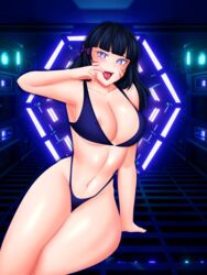 belly bikini blue_eyes blue_hair bowtie breasts conscious fangs female female_focus female_only human humanoid nipple_bulge screencap shoulders sitting suggestive symbol-shaped_pupils the_last_of_waifus thighs tongue unknown_artist unknown_character