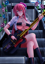 1girls bandeau big_breasts bikini_top boots breast_press breast_push casual clothed crossed_legs fuyuki_jun guitar heart_tattoo huge_breasts jacket_open jacket_over_swimsuit long_hair looking_at_viewer megurine_luka pink_hair sitting smile soft_breasts underboob vocaloid