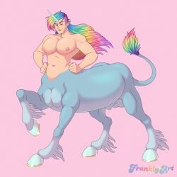 balls centaur equid equid_taur equine fetlocks frankly-art genitals gold_horseshoe hair hands_on_hips hooves horn humanoid humanoid_taur male male_focus male_only male_solo mammal mammal_taur multicolored_hair multicolored_tail muscular muscular_male navel nipples nude pecs pink_background rainbow rainbow_hair rainbow_tail rainbow_tail_tuft simple_background slightly_chubby smile solo solo_male taur unicorn unicorn_horn unicorn_taur