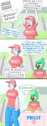 anthro avian bird booth bottomless breasts building bumper_sticker cameltoe clothed clothing clueless comic dani_(lysergide) decidueye duo election english_text evergreen_tree female genitals hat headgear headwear hi_res honk house lysergide male nintendo oblivious open_mouth outdoors palm_tree paper pen pokémon_(species) pokemon politics prilly_(lysergide) primarina shirt sign speech_bubble straight t-shirt text topwear tree video_games