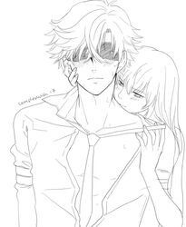 blindfold blush clothed_male complex_wish_(artist) dominant_female femdom jumin_han main_character_(mystic_messenger) monochrome mystic_messenger sexually_suggestive sketch straight submissive_male tie unbuttoned_shirt