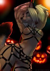 anthro black_body black_fur blue_eyes breasts canid canine clothed clothing detailed_background fangs female fluffy fluffy_tail fox fur genitals hair halloween hi_res holidays mammal multicolored_body multicolored_fur nipples partially_clothed pole pussy smile solo tasha_lisets tashalisets two_tone_body two_tone_fur white_body white_fur white_hair