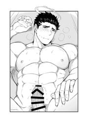 1boy abs armpit_hair bar_censor bara bare_chest black_hair blush breath censored chest completely_nude erection facial_hair greyscale halo highres human human_only implied_sex male male_focus male_only monochrome muscle nipples nude penis precum short_hair solo spread_legs stubble sweat tokyo_afterschool_summoners tokyo_houkago_summoners upper_body veins veiny_penis youzora_samo18 zabaniyya_(tokyo_afterschool_summoners)