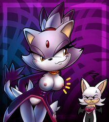 2girls anger_vein anthro anthro_female anthro_only areolae blaze_the_cat breast_envy breasts breasts_out female female_only furry furry_female furry_only large_breasts mobian_(species) multiple_girls nancher nipples pussy pussy_juice rouge_the_bat sonic_(series) sonic_the_hedgehog_(series) teenage_girl teenager young