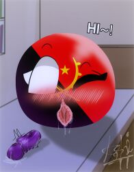 angola angola_(polandball) artist_signature ashi_tema bed blush blushed countryballs cum cum_drip dildo ibispaintx masturbation one_eye_closed polandball pussy pussy_juice spread_pussy twitter vagina vibrator waddling_head