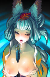 1girls animal_ears between_breasts blush breast_squeeze breasts breasts_out collarbone eyelashes female female_only fox_ears hair_up human inari japanese_clothes kimono kongiku large_breasts leaf leaf_on_head muramasa_the_demon_blade nipples object_between_breasts open_clothes open_shirt orange_eyes saliva saliva_trail scabbard sexually_suggestive sheathed_weapon shirt solo sora_tokumo sword tongue tongue_out toony weapon white_hair