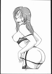 1990s 1991 1girls ass big_breasts bra breasts bubble_butt curvaceous doujinshi earrings female female_only fushigi_no_umi_no_nadia gainax grandis_granva greyscale huge_ass human large_breasts long_hair melon_pan_(artist) monochrome nipples page_27 panties solo straight_hair tagme thick_thighs white_background wide_hips