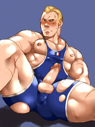 1boy abel blonde_hair blush capcom clothed clothing embarrassed erect_penis erection hard_on male_only presenting presenting_penis solo_focus solo_male spread_legs straight_hair street_fighter tagme