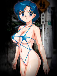 1girls 2009 ami_mizuno big_breasts bikini bishoujo_senshi_sailor_moon blue_eyes blue_hair blush cameltoe cleavage female female_only genka_ichien micro_bikini navel pokies public short_hair small_breasts solo string_bikini swimsuit tears