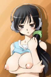 akg alternate_hairstyle black_hair breasts female female_only headphones human human_only k-on! kantori long_hair mio_akiyama_(k-on!) nipples puffy_nipples solo