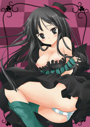 aqua_legwear ass black_eyes black_hair blue_legwear blue_pantyhose breasts don't_say_"lazy" don't_say_lazy dress female female_only hat human human_only k-on! mio_akiyama_(k-on!) nipple_slip nipples panties pantyhose rinka_(yuyutei) solo striped striped_panties underwear