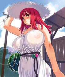 1girls areolae arm_up belt blush breasts dress embarrassed erect_nipples female food fruit hat huge_breasts la_pucelle_tactics lens_flare nipples nippon_ichi no_bra outdoors photoshop power_lines priere red_hair ryoji_(nomura_ryouji) see-through solo standing sun_hat sundress sweatdrop telephone_pole watermelon