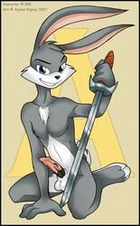 2007 ace_bunny anthro balls front_view grey_fur loonatics_unleashed male male_only nude penis rabbit sitting smile solo sword tagme