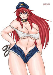 biker_cap blue_eyes capcom choker final_fight handcuffs nipples papepox2 poison_(final_fight) pubic_hair red_hair shorts torn_clothes