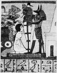 anubis deepthroat deepthroat_hug egyptian_mythology eye_contact fine_art fine_art_parody isis kneeling mythology oral osiris public_domain