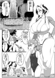 1girls 2boys big_breasts bikini body_markings cleavage comic female female_focus femboy gigantic_breasts hair_between_eyes hand_on_hip huge_breasts japanese_text made_in_abyss male marulk monochrome ozen short_hair solo_focus tall_female taller_female thick_thighs toned toned_female two-tone_hair underboob wide_hips yaguchiyuki yelme