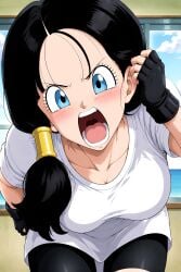 videl dragon_ball_z ai_generated unknown_artist looking_at_viewer angry open_mouth mouth_fetish fetish mouth_focus thick_thighs 1girl presenting_mouth