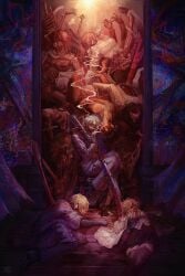 4boys 6+girls bisected black_hair blonde_hair blood blood_on_clothes blood_on_face blood_on_ground blood_on_weapon blue_pants blue_suit cigarette commentary_request corpse death don_quixote_(limbus_company) don_quixote_(project_moon) english_commentary faust_(limbus_company) faust_(project_moon) glitch guro hams_(tfh_arts) heathcliff_(limbus_company) heathcliff_(project_moon) highres holding holding_sword holding_weapon hong_lu hong_lu_(project_moon) hugging_object impaled index_(identity)_(project_moon) index_don_quixote ishmael_(limbus_company) ishmael_(project_moon) jacket limbus_company long_hair medium_hair middle_(identity)_(project_moon) mixed-language_commentary multiple_boys multiple_girls murder ootachi organs outis_(limbus_company) outis_(project_moon) pants pile_of_corpses pinky_(identity)_(project_moon) project_moon red_eyes ring_(identity)_(project_moon) robot_boy rodion_(limbus_company) rodion_(project_moon) ryoshu_(limbus_company) ryoshu_(project_moon) short_hair sinclair_(limbus_company) sinclair_(project_moon) sitting smoking stool string string_of_fate suit suit_jacket sword thumb_(identity)_(project_moon) weapon yi_sang_(limbus_company) yi_sang_(project_moon)