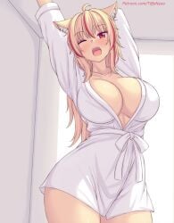 tiffynyaa tiffy patreon patreon_username 1girls cat_ears catgirl blonde_hair red_eyes red_highlights robe robe_only big_breasts thick_thighs yawn yawning stretching blush original_character