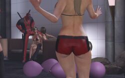 3d 3dcg 4girls absurd_resolution absurdres alternate_outfit ass ass_cleavage ass_focus back_view bare_shoulders belted_shorts beltshorts bikini_top black_stockings black_thighhighs bodysuit brown-haired_female cleavage crossed_legs_(sitting) cutscene deadpool deadpool_(game) emotionless emotionless_female femsub game_cg large_breasts maledom marvel number-1_fan_girl red_bodysuit unnamed_characters