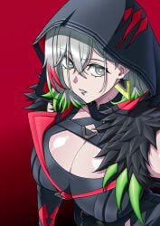 numahana diabellstar_the_black_witch astellar_diabellstar_(sinful_spoils) gothic pale_skin hoodie hood silver_hair multicolored_hair silver_eyes earrings side_view necklace lipstick standing female_focus younger_female yu-gi-oh! konami female hi_res boobs clothing haunted closed_mouth looking_at_viewer pose fringe serious before_oral huge_breasts safe
