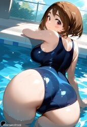 1girl 1girls ai_generated ass ass_focus big_ass big_breasts blue_swimsuit boku_no_hero_academia breasts brown_hair female female_only light-skinned_female my_hero_academia ochako_uraraka one-piece_swimsuit partially_submerged pool pool_ladder poolside ripples school_swimsuit solo sunori swimsuit uraraka_ochako water wet