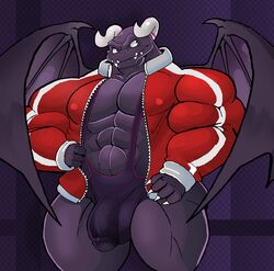 abs anthro biceps bulge claws clothing coat dragaux dragon genitals horn male mc_morrales muscular muscular_anthro muscular_male nintendo nipples pecs penis ring_fit_adventure shirt solo solo_male tank_top teeth topwear video_games wings