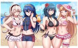 4girls absurdres artist_name beach bikini black_bikini black_hairband blonde_hair blue_eyes blue_hair blue_sky breasts byleth_(fire_emblem) byleth_(fire_emblem)_(female) byleth_(summer)_(fire_emblem)_(female) cleavage cloud commission corrin_(fire_emblem) corrin_(fire_emblem)_(female) corrin_(summer)_(fire_emblem)_(female) cup day drinking_straw female female_only fire_emblem fire_emblem:_three_houses fire_emblem_awakening fire_emblem_cipher fire_emblem_fates fire_emblem_heroes flower glass hair_flower hair_ornament hairband hat hat_flower highres holding holding_cup long_hair lucina_(fire_emblem) lucina_(summer)_(fire_emblem) multiple_girls nintendo one_eye_closed outdoors parted_lips patdarux pointy_ears princess_zelda red_eyes sky smile super_smash_bros. swimsuit the_legend_of_zelda water white_hair wreath zelda_(a_link_between_worlds)