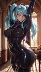 ai_generated backdoorsenpai 1girl purple_eyes blue_hair long_hair twintails swept_bangs sidelocks medium_breasts purple_scarf black_bodysuit gold_trims purple_gem black_gloves black_belt thigh_straps curvy wide_hips thick_thighs big_ass large_breasts thighs ass perky_breasts egao naughty_face naugty_eyes ahoge arm_behind_head arm_up breasts flexible parted_lips pigeon_pose skindentation solo stretching sweat wet epsilon_(the_eminence_in_shadow) the_eminence_in_shadow kage_no_jitsuryokusha_ni_naritakute!