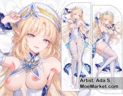 ai_generated blonde_hair dakimakura dakimakura_design detached_sleeves genshin_impact long_hair looking_at_viewer medium_breasts nicole_reeyn_(genshin_impact) nipples pussy white_dress white_pantyhose