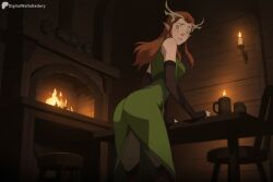 digitalwaifugallery ai_generated patreon seductive sexy uncensored watermark hi_res high_quality high_resolution keyleth critical_role 1girl solo pointy_ears green_dress green_eyes long_hair indoors candle dress looking_at_viewer ass horns gloves brown_hair breasts looking_back table candlelight fingerless_gloves fire cup antlers thighhighs blush elbow_gloves bare_shoulders medium_breasts leaning_forward patreon_username elf