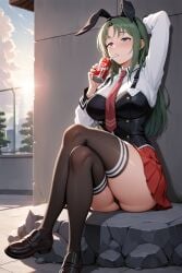 1girls academy_uniform_(bible_black) ai_generated animal_ears bare_ass bible_black bible_black_only blue_eyes blush breasts breasts_out bunny_ears chain-link_fence city_background clavicle clothing collarbone dr._pepper dynamic_pose enigmata exposed_ass faithful_to_the_anime fake_animal_ears female female_only fence fully_clothed green_hair hairband head_tilt high_resolution ito_mika leg_up legwear long_hair looking_away looking_to_the_side necktie nipple_bulge outdoors panties pantyshot pantyshot_(sitting) parted_bangs parted_lips pleated_skirt relaxing rooftop school school_rooftop school_uniform schoolgirl shirt shoes sitting skirt skirt_lift soda solo solo_focus stockings sunset suspenders teen teenage_female teenage_girl teenager thick_thighs thighhighs thighs uncensored upper_body vest