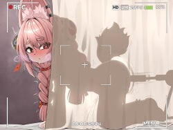 1girl all_fours animal_ear_fluff animal_ear_piercing animal_ears battery_indicator blush braid braided_twintails commentary curtains dated_commentary female_ejaculation from_side furry furry_female hair_ornament highres long_hair nahanmin object_insertion pink_fur pink_hair pussy_juice rabbit_ears rabbit_girl rabbit_tattoo recording red_eyes screw see-through_silhouette sex_machine solo sphere_hair_ornament tattoo zenless_zone_zero zhao_(zenless_zone_zero)
