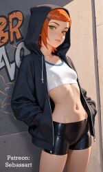 1girls aged_up ai_generated ben_10 blush casual crop_top fashion female female_only green_eyes gwen_tennyson hoodie latex laying_back looking_at_viewer mature_female paid_reward_available patreon petite petite_body petite_female red_hair sebassart shorts slim_waist small_breasts solo spandex_shorts tight_clothes tight_clothing