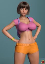 1girls 3d athletic athletic_female backpack bag bangs big_breasts bob_cut breasts brown_eyes brown_hair busty cleavage clothed crop_top dark_skin dora_and_the_lost_city_of_gold dora_marquez dora_the_explorer eyeshadow female female_focus female_only hagiwara_studio hands_on_hips hourglass_figure human large_breasts latina makeup navel nickelodeon orange_shorts short_hair shorts skimpy solo thick_thighs wide_hips wristwear