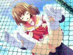 1boy 1girl against_fence ahoge akisoba blush bottomless bow bow_panties brown_hair censored chain-link_fence circus_(studio) closed_eyes clothes_lift detached_sleeves embarrassed feet fence hetero kusakabe_hinata legs legs_up lifting_person mosaic_censoring non-web_source outdoors panties pussy rooftop rpg_gakuen school_uniform serafuku sex skirt skirt_lift solo_focus spread_legs thighhighs underwear vaginal white_panties white_thighhighs