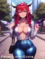 ai_generated big_ass big_breasts big_butt big_thighs blue_eyes blush center_opening demon demon_girl demon_horns ezuna hololive hololive_english huge_ass huge_breasts huge_butt huge_thighs irys irys_(hololive) purple_eyes red_hair tight_clothing virtual_youtuber wanuze white_shirt wide_hips