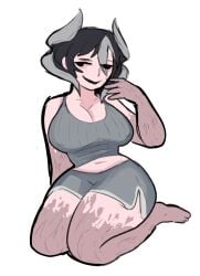 japversus hiltonhanoi female female_only made_in_abyss solo ozen looking_at_viewer full_body short_hair two-tone_hair black_eyes black_and_white_hair big_breasts cleavage thick_thighs tank_top shorts smile gym_shorts dolphin_shorts body_markings creepy_smile sketch doodle nipple_bulge no_bra black_hair