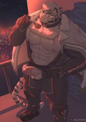 1boy abs animal_ears arknights artist_name bara black_bodysuit black_gloves black_shoes blush bodysuit closed_mouth commentary cross_scar erection foreskin from_above fur-trimmed_jacket fur_trim furry furry_male gloves highres holding holding_removed_eyewear jacket jacket_on_shoulders juziha666 looking_to_the_side male_focus mountain_(arknights) mountain_(hardcore_rider)_(arknights) multiple_scars muscular muscular_male navel nipples open_bodysuit open_clothes open_fly open_pants pants pectorals penis scar scar_across_eye scar_on_cheek scar_on_chin scar_on_face shoes skyline sunglasses sweat tail testicles tiger_boy tiger_ears tiger_stripes tiger_tail twitter_username twitter_x_logo untranslatable_commentary unworn_eyewear white_jacket