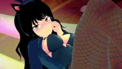 rwby logang45 blake_belladonna 1girls solo_female pose posing black_hair black_hair_female yellow_eyes long_hair long_hair_female cleavage fishnet_legwear faunus
