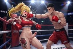 1boy 1girl ahegao ai_assisted ai_generated blonde_hair blush box boxer boxing boxing_ring collar cum erection female_boxer hit large_breasts muscular_female muscular_male open_mouth penis ponytail punching realistic red_gloves sports_bra sweat tagme tattoo uncensored