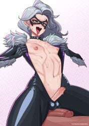 2boys black_bodysuit black_cat_(marvel) black_mask blush bodysuit choker commentary copyright_request domino_mask dotted_background earrings english_commentary erection eye_mask eyeshadow felicia_hardy femboy fur-trimmed_bodysuit gay gay_male genderswap genderswap_(ftm) green_eyes grey_eyeshadow highres jewelry latex latex_bodysuit long_hair makeup marvel marvel_comics mask multiple_boys nipples open_bodysuit open_clothes open_mouth paid_reward_available penis rule_63 smile spider-man_(series) straddling superhero_costume sweat teeth testicles tongue tongue_out trap upper_teeth_only very_sweaty white_hair yaoi zipsha